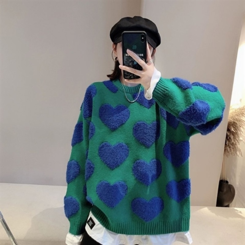 TPJB New Korea Y2k Women Knit False 2 Pieces Sweater Winters Leisure Love Round Neck Sweater Loose Lazy Style All-Match Blouse