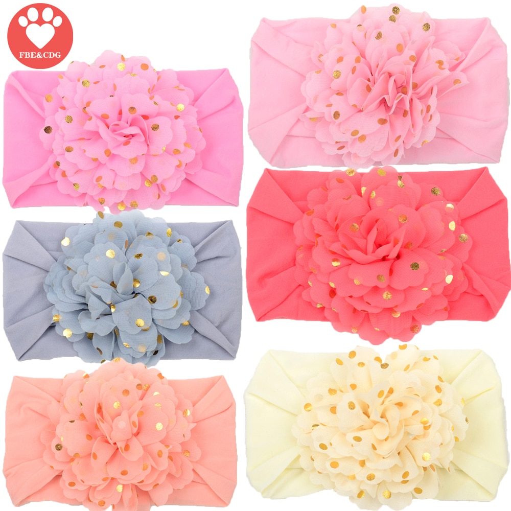 FBE&CDG Baby Wide Hairband Gold Dot Fabric Flowers Soft Nylon Baby Stretch Headband Cute Children's Hair Accessories