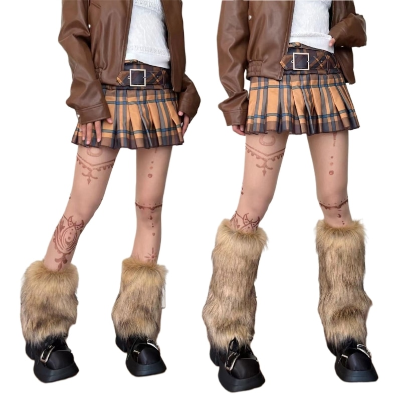 Brown Faux Fur Leg Warmers Boot Covers Goth Solid Leg Socks Punk Jk Knee-length Hiphop Hot-girl Fashion Warm Socks Women M6CD
