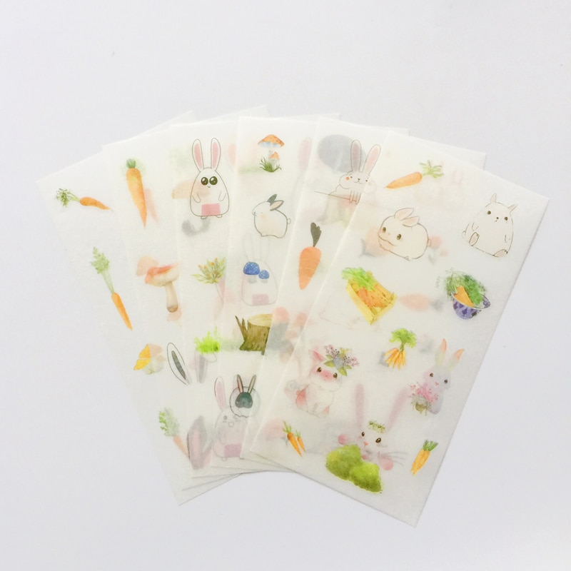 6 Sheets /Pack Kawaii Cat Carrot Paper Adhesive Decorative Stickers