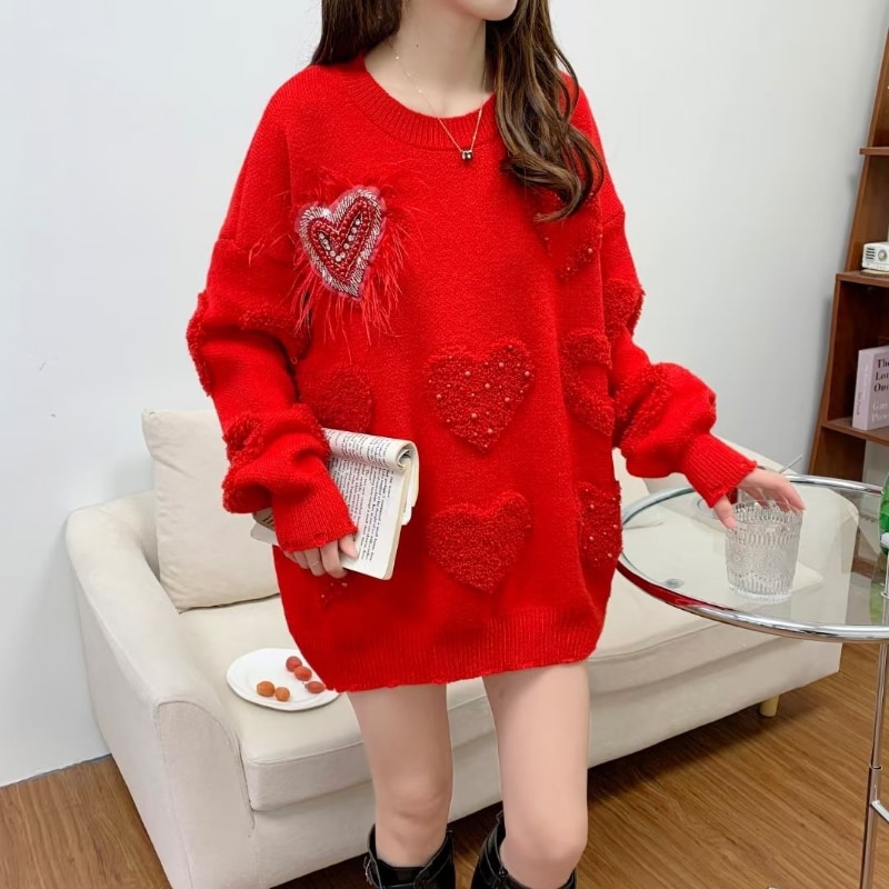DAYIFUN O-Neck Loose Sweater Heavy Industry Beaded Feather Tassel Knitted Pullover Winter Solid Love Jacquard Long Sleeve Jumper