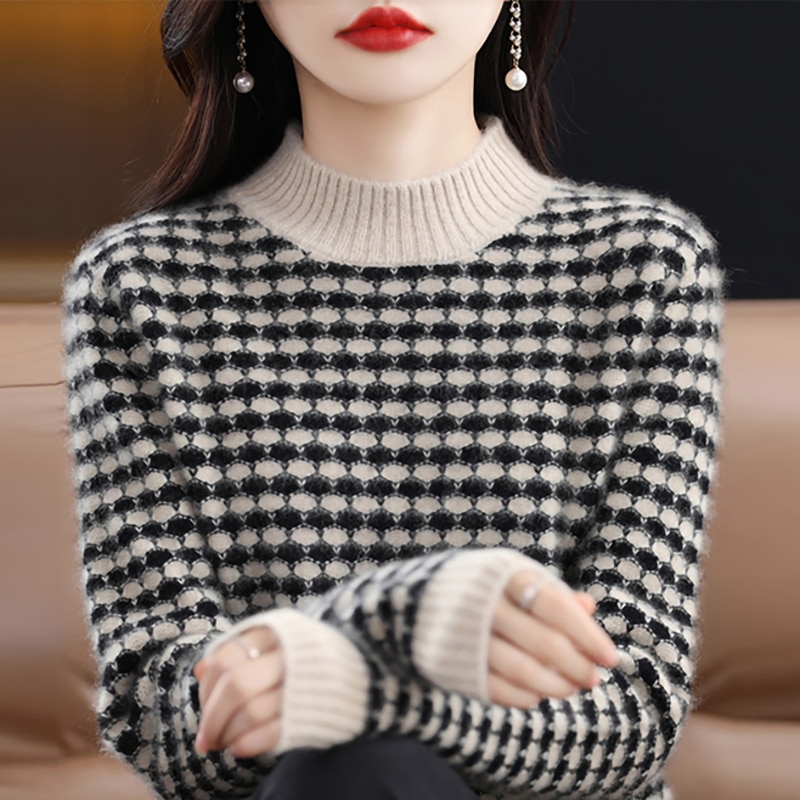 LONGMING Knitwears Sweater Women Cashmere Pullovers Merino Wool Plaid Knit Jumper Autumn 2023 Tops Clothes Spring Korean Fashion