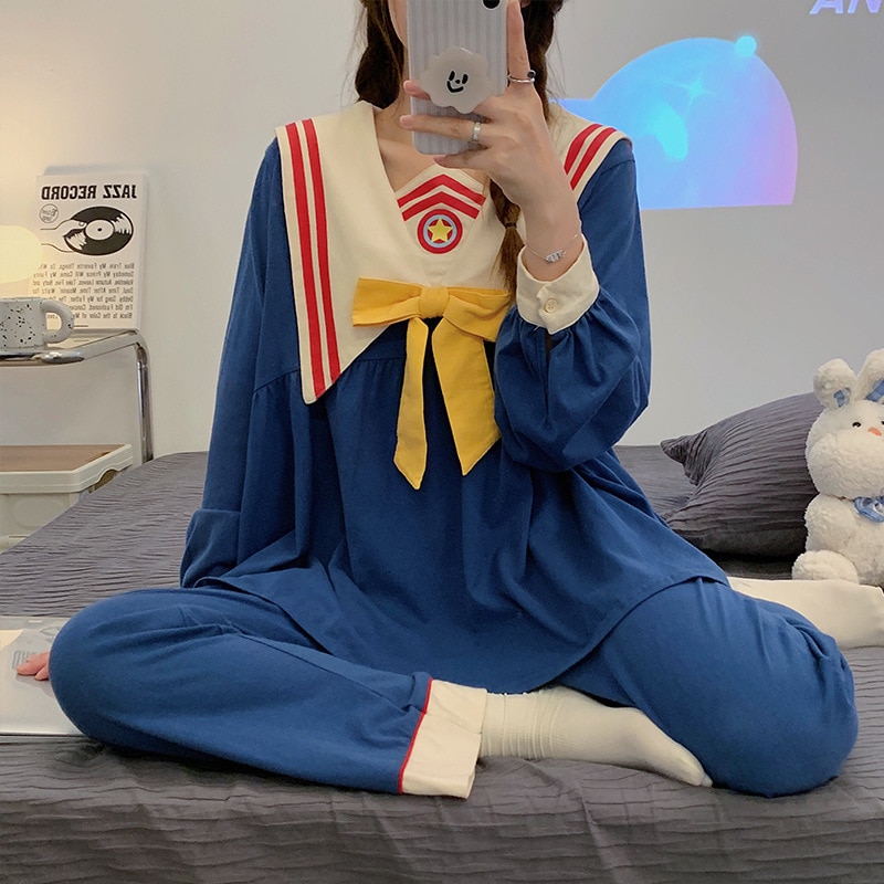 Pure Cotton Pajamas For Women Long Sleeve Sleepwear Sailor Collar 2 Pieces Home Clothes Casual High School Girls Nightgown