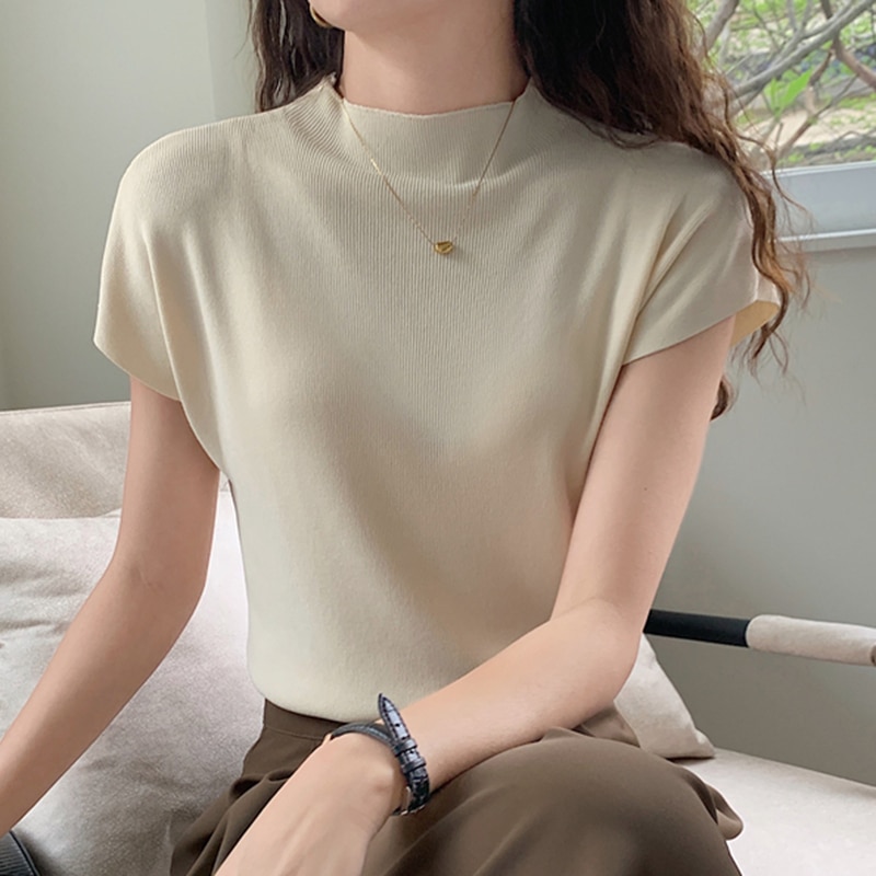 Casual Summer Women Shirt Short Sleeve Ice Silk Blouse Women Knit Tops Fashion Solid Slim Half High Collar Blouses Clothes 20613