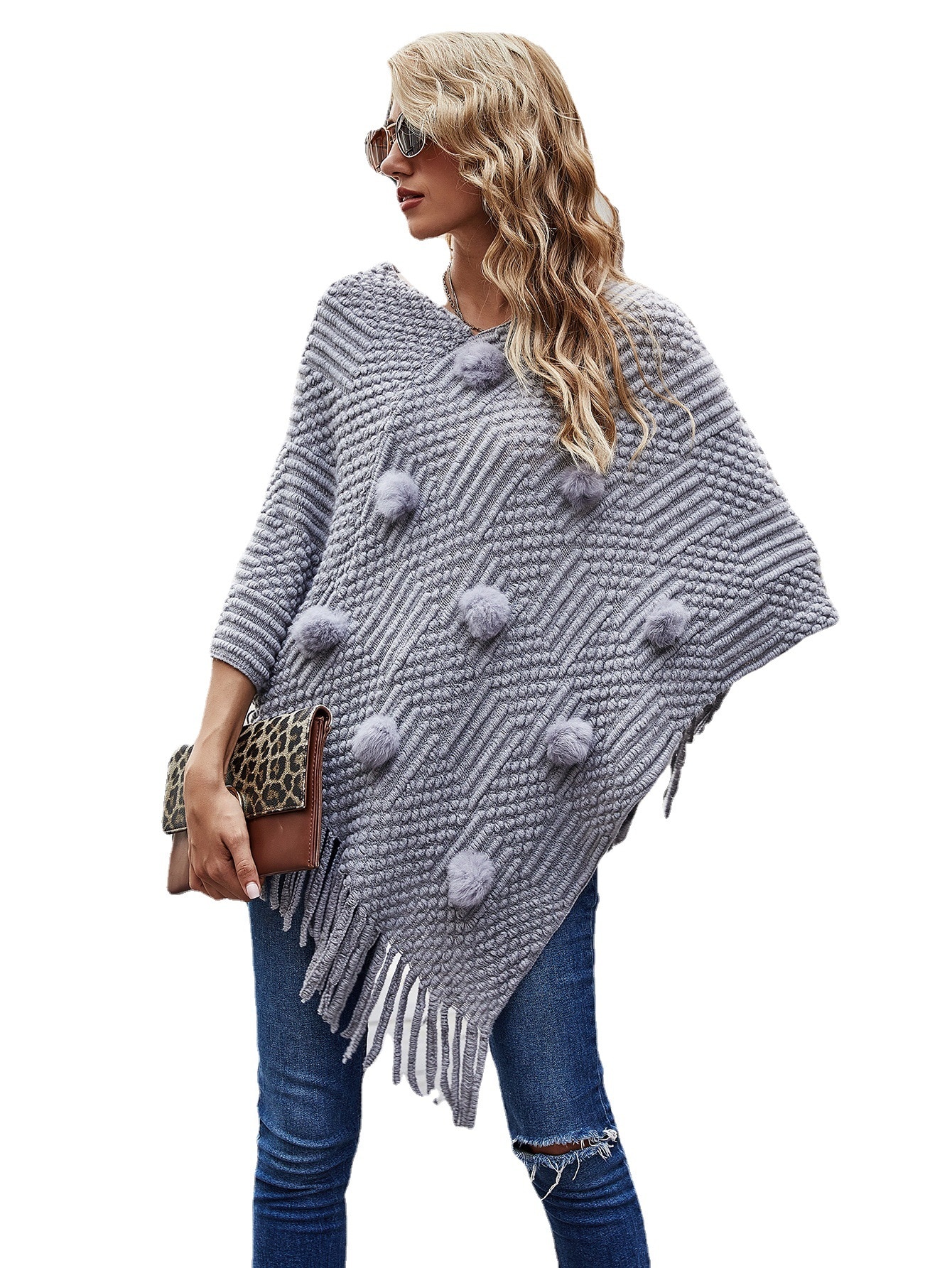 FEOGOR Autumn and winter new long paragraph hairy ball tassel shawl sweater knitted sweater casual and versatile women's to