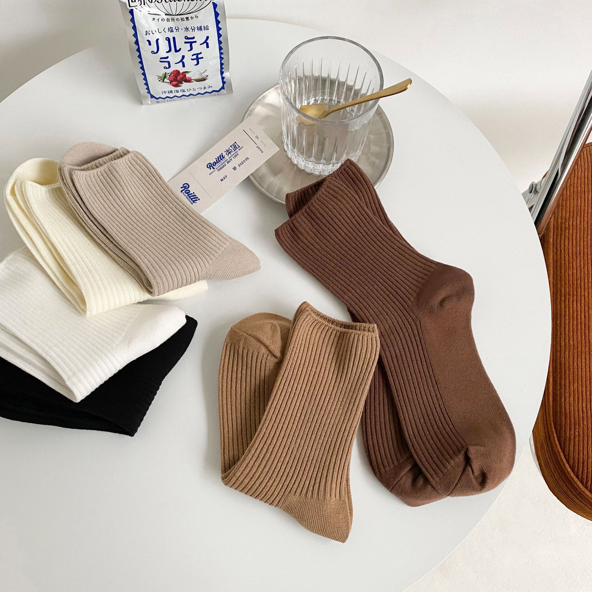 3 Pairs Loose Socks Women Cotton Japanese Korea High School Girls High Socks Solid Colors Knitting Rib Basic Daily Long socks