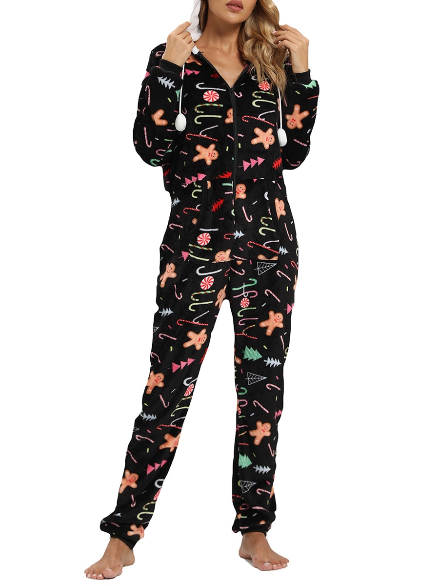 Women s Flannel Sleepwear Jumpsuit Animal Crutch Gingerbread Man Print Long Sleeve Hood Front Zipper Romper
