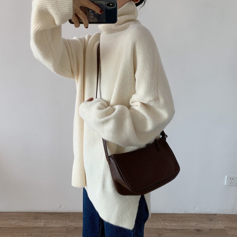 Autumn Winter Loose Simple All-Matching Knitted Pullover Solid Color Outerwear Top sueter mujer Soft Turtleneck Sweater Women