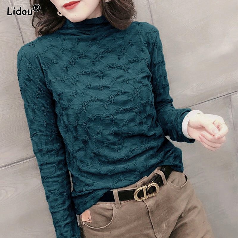 Autumn Winter Thin Skinny Mock Neck Office Lady Pleated 2022 Women's Clothing Solid Classic Pullovers Simplicity Tops Botto