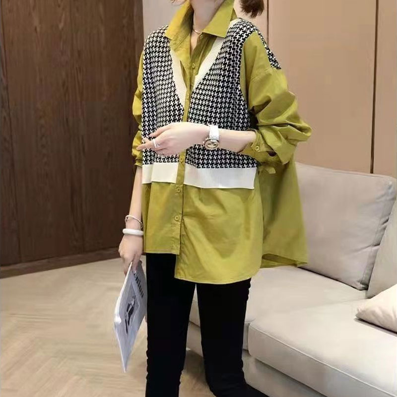 High Street Plaid Printed Patchwork Midi Blouse Casual Loose Single-breasted Spring Autumn Fashion Female Korean Polo-Neck Shirt