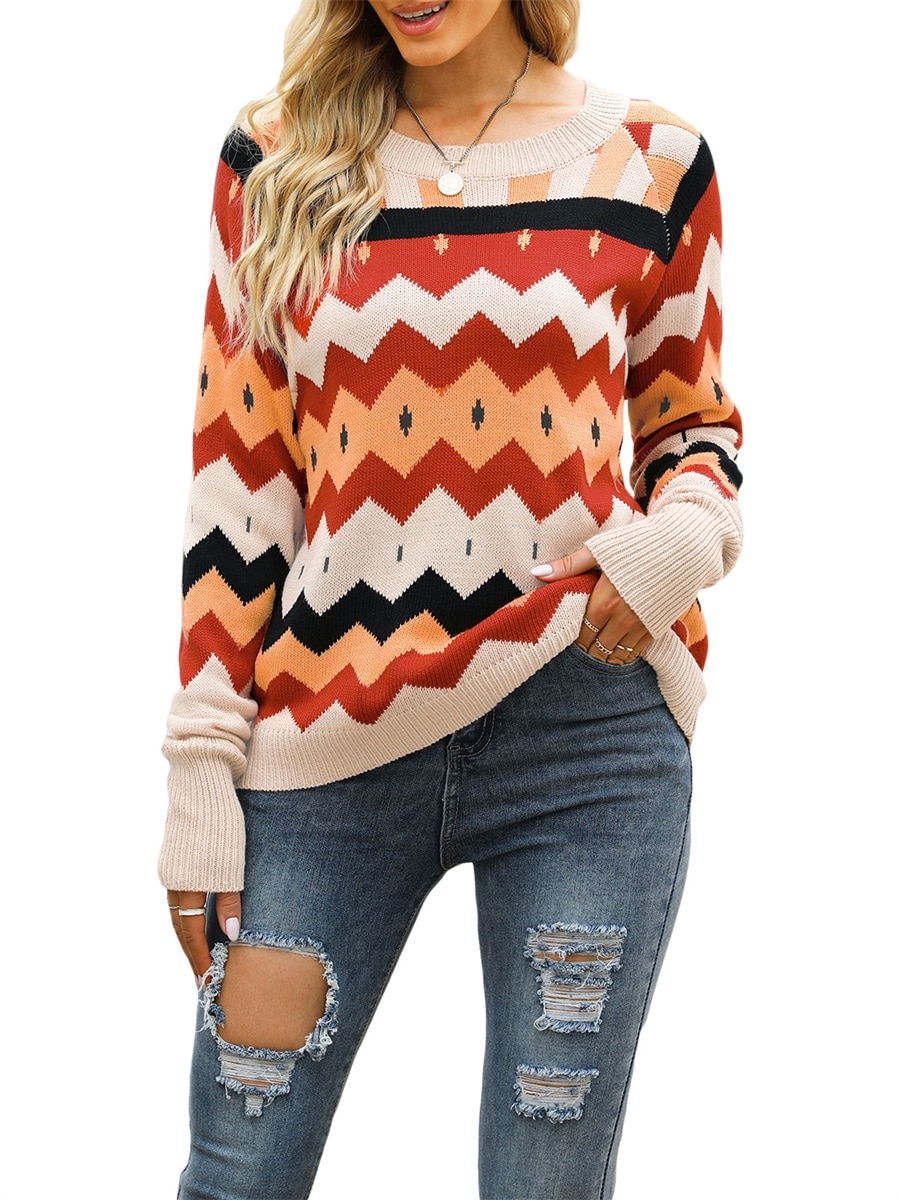 Women Bohemian Pullover Sweater Tribal Ethnic Graphic Long Sleeve Crewneck Knitted Top Vintage Knitwear