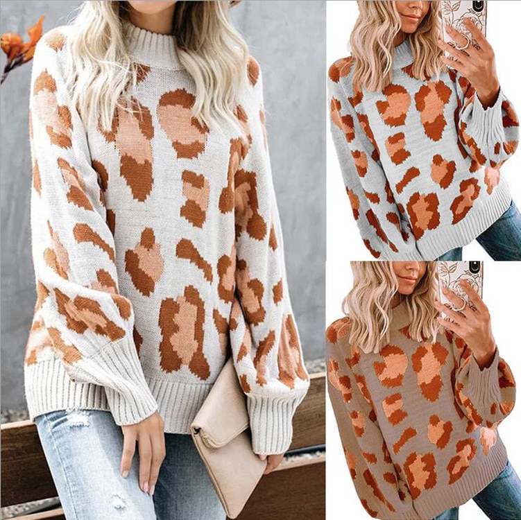 Fashion Contrast color sweater Casual women's autumn and winter new women's leopard print pullover round neck loose sw