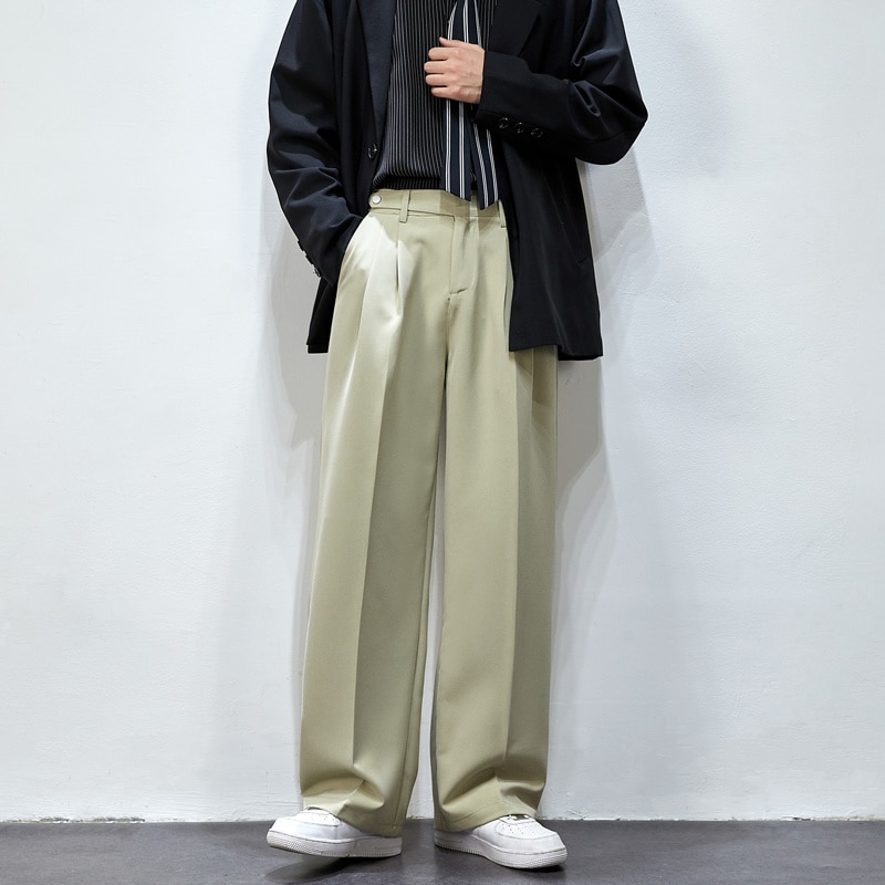 Solid Color Suit Pants Men Fashion Social Mens Dress Pants Korean Loose Straight Wide Leg Pants Mens Office Formal Trousers