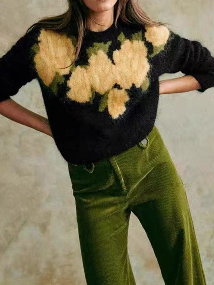 2022 Autumn Winter New Floral Print Mohair Wool Blend Sweater Women Pullover