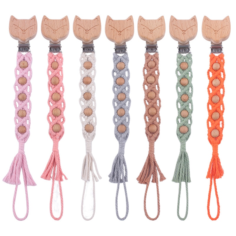 Baby Beech Wood Animal Pacifier Clip Wooden Teether Braided Cotton Cloth Baby Pacifier Chain For Infant Nipple Chain Nursing Toy