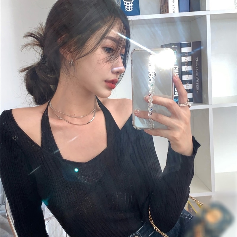 Women's Long Sleeves Halter Sweater Sexy Off Shoulder Knit Sweater Pullover Tops