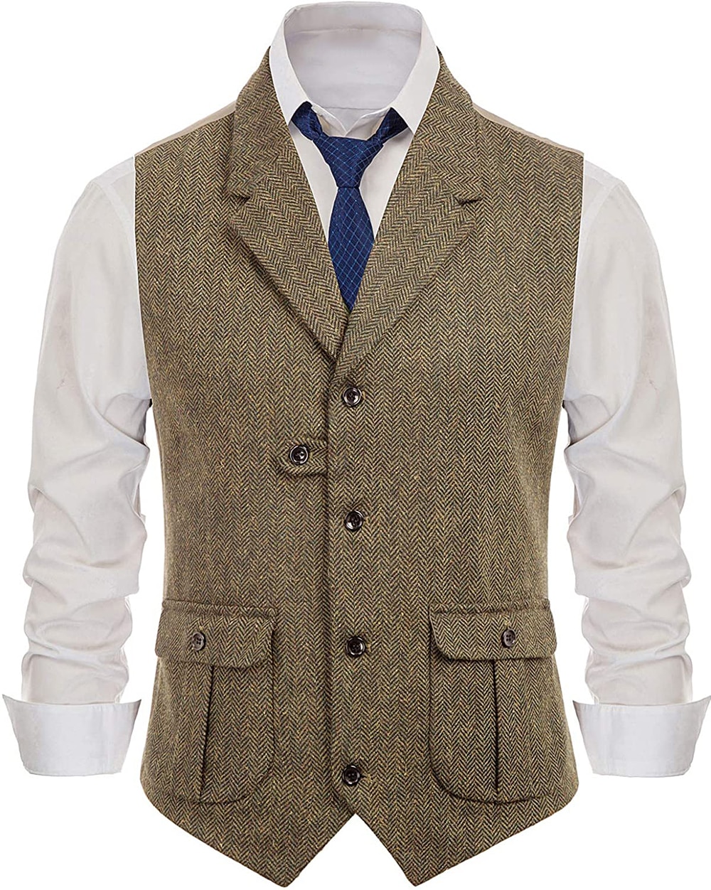 Mens Casual Suit Vest Notch Lapel with Two Pockets Herringbone Waistcoat for Wedding Groomsmen Men Vest