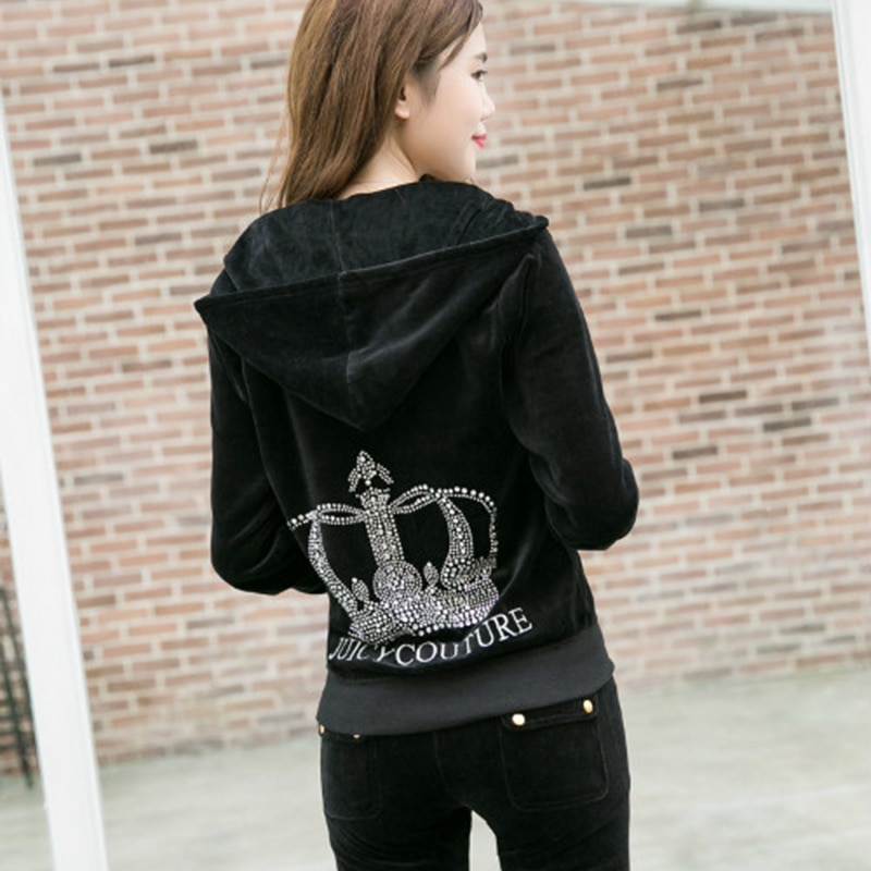 Autumn And Winter Velvet Suit Gold Velvet Sportswear Hooded Sweater With Diamond Crown Embroidery Running Women's Wear