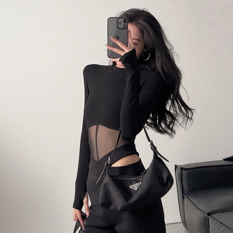 Romper Mesh See Through Long Sleeve Revealing Bodysuit 2022 Spring Women Fashion Sexy Streetwear Jumpsuit Baddie Clothes