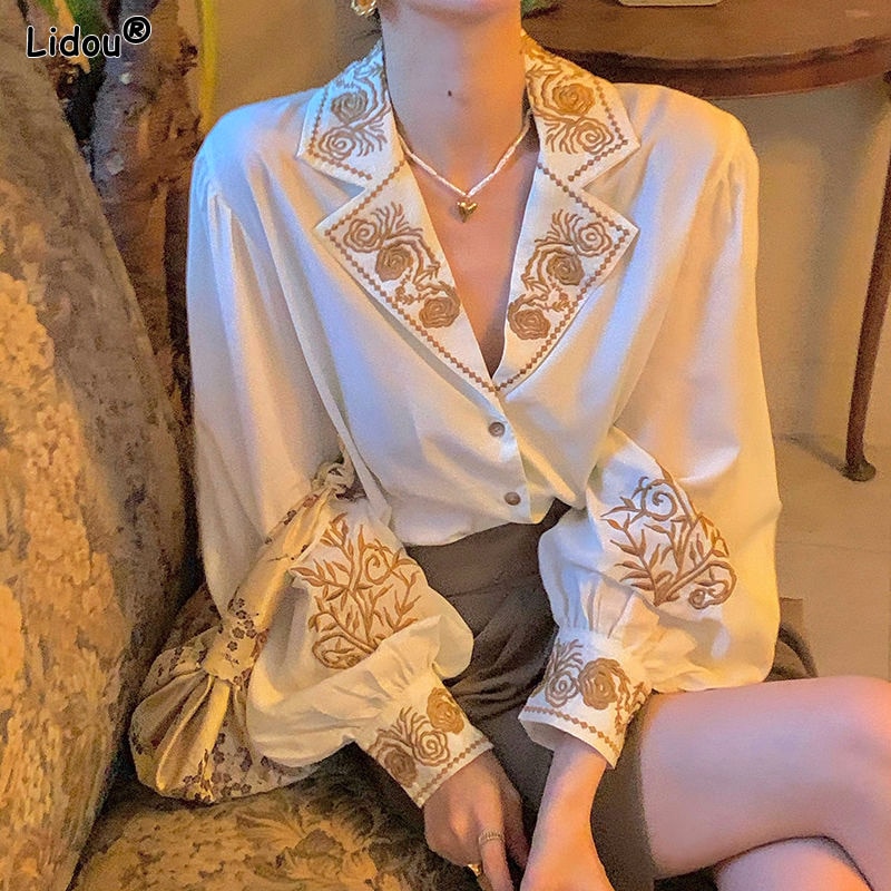 Spring Autumn Thin Shirts Temperament Solid Loose Premium V-neck Cardigan Printing Lantem Sleeve Women's Clothing Formal Ca
