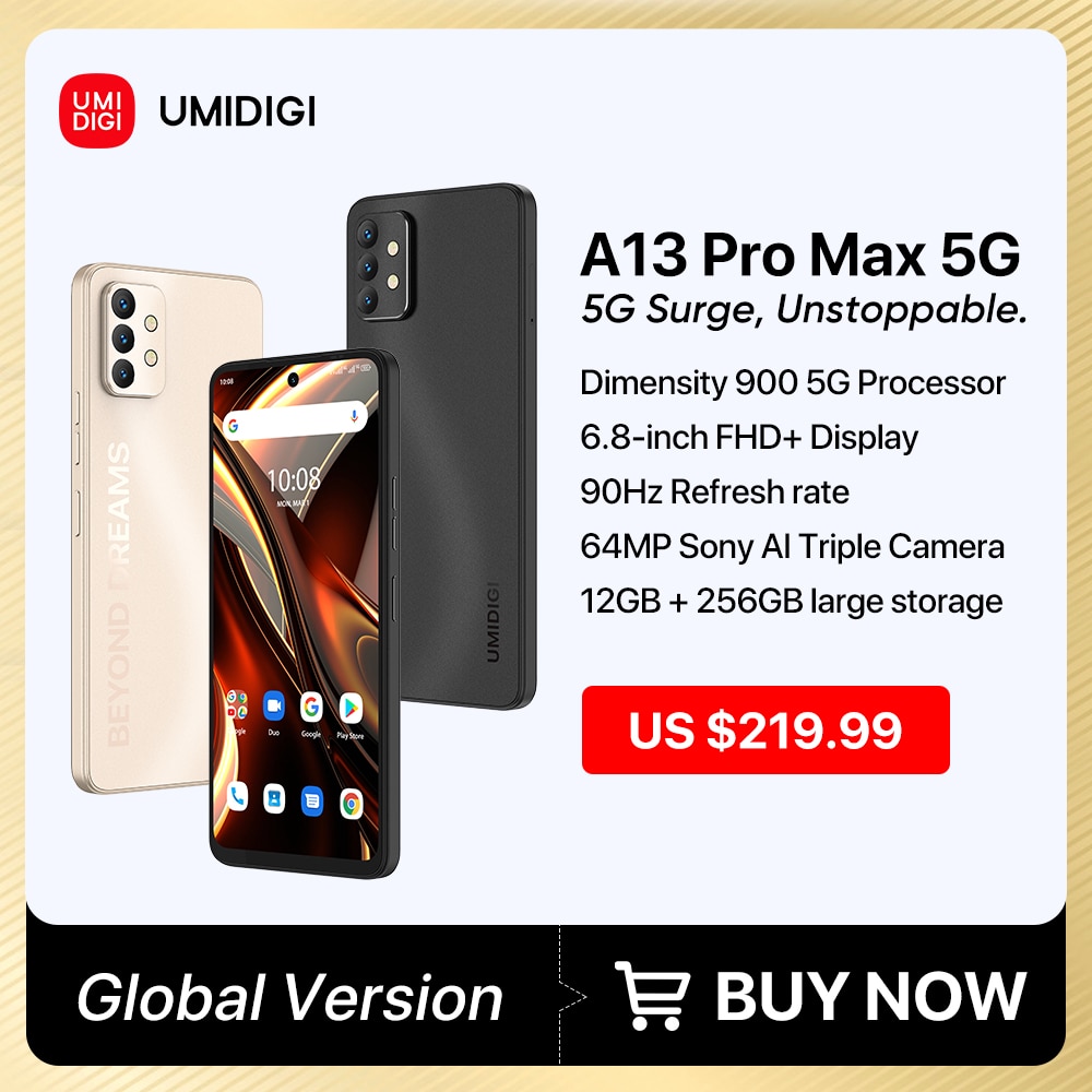 UMIDIGI A13 Pro Max 5G Smartphone Android 12,12GB 256GB Dimensity 900 Processor 6.8 ''FHD + Display 90Hz 64MP Camera C