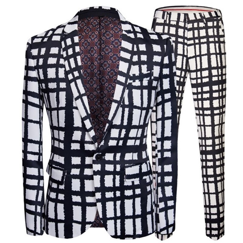 (Jacket+Pants) Christmas Party Celebration Men's Fashion 2-Piece Suit Set Black Striped Print Lapel Slim One Button Casual 