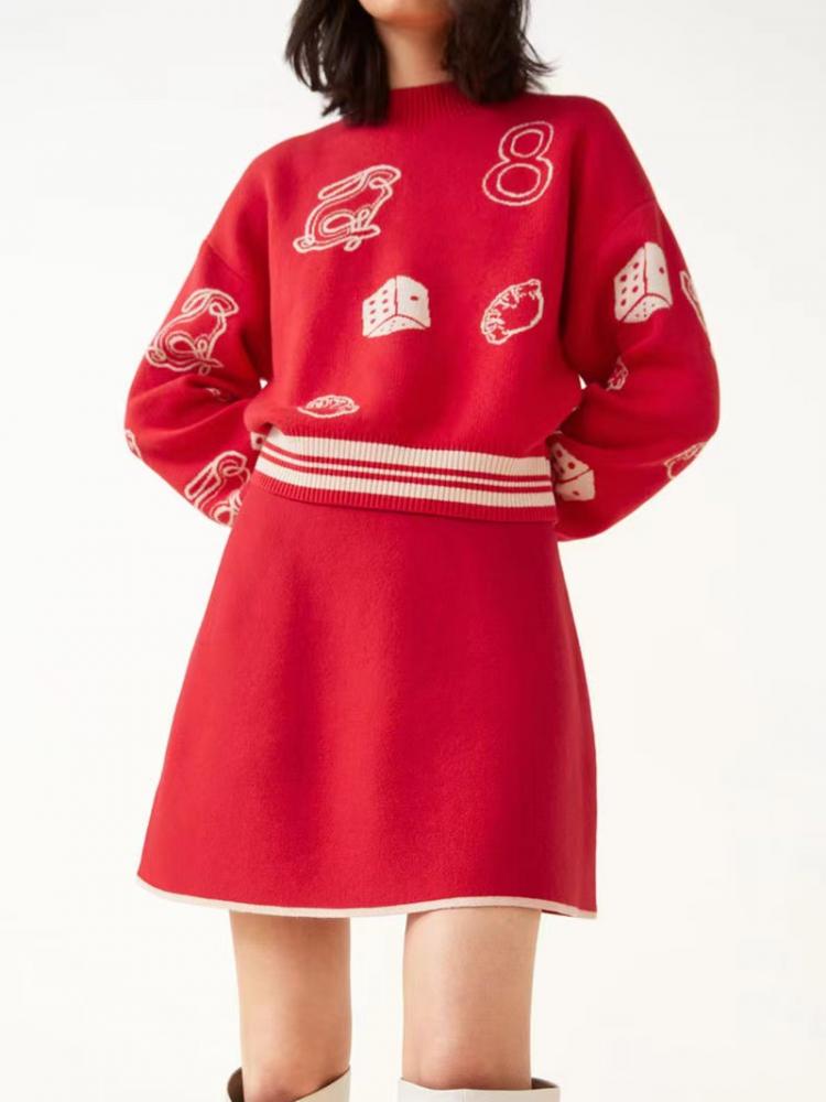 Women Red Wool Blend Contrast Color Jacquard Sweater 2022 Autumn Winter New Ladies O-Neck Long-Sleeved Fashion Knitted Jumpers