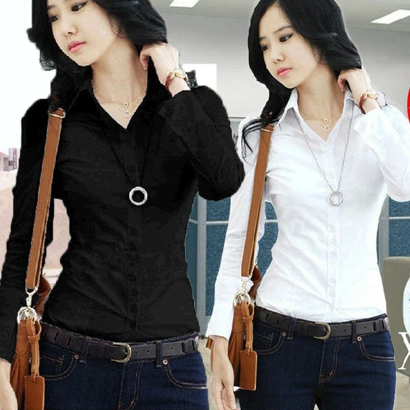 2023 New Fashion Summer Qualities Women's Office Lady Formal Party Long Sleeve Slim Collar Blouse Casual Solid White Shirt 