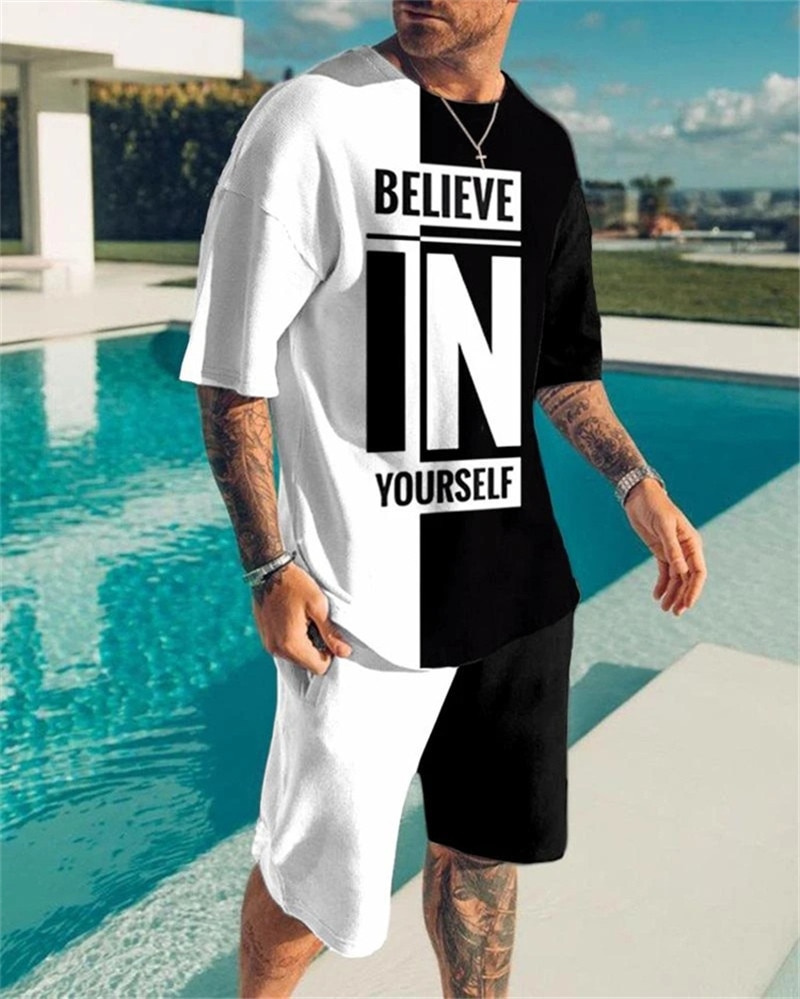 Summer Tshirt Shorts 2 Pieces Set Tracksuit Men's Clothes Creative Believe Print Vintage Streetwear Oversized Sets Short Ou