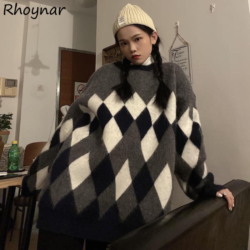 O-neck Argyle Baggy Pullovers Women Sweaters Preppy Sweet Harajuku American Hipster Design Vintage Panelled Clothing Knit Свитер