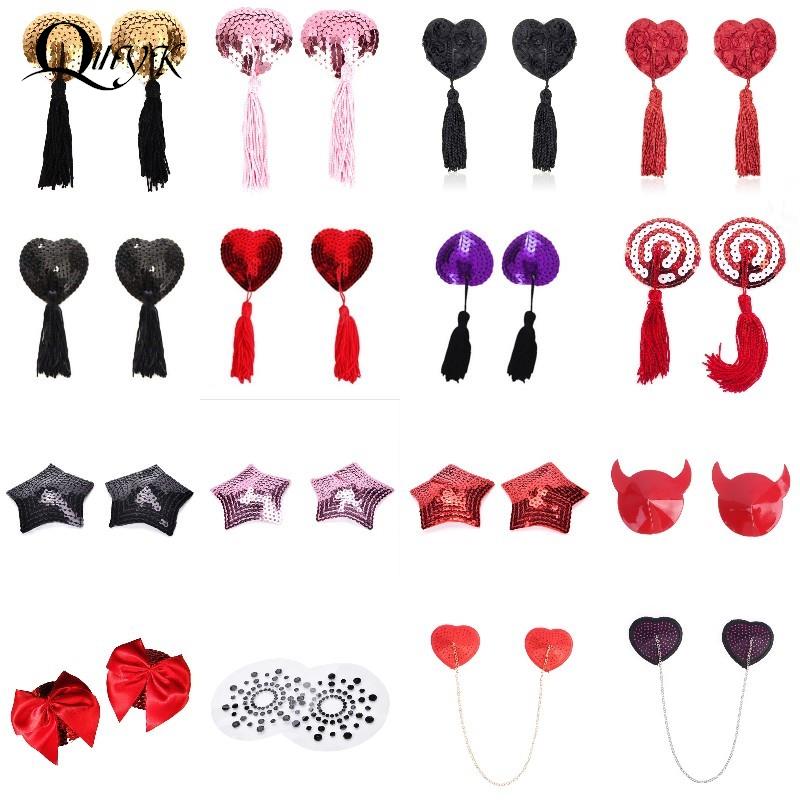 Women's ​Sexy 1 Pair Chain Linked Nipple Cover Reusable Red Bow Breast Pasties Nipple Covers Stickers Underwear Accessories