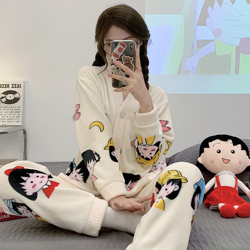 Women Pajamas Set Flannel Winter Warm Sleepwear 2 Pieces Female Pyjama Cartoon Print Cute Home Clothes For Young Girls Nightgown
