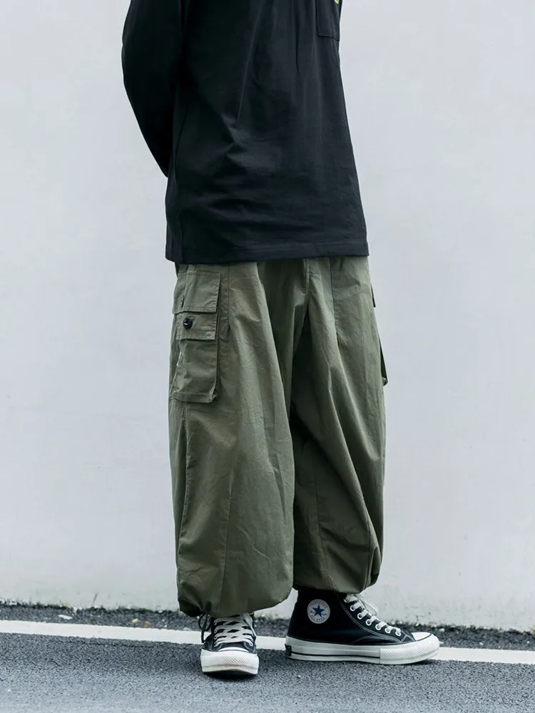 Multi-Pocket Cargo Pants Men's Casual Solid Colour Straight Pants Baggy Wide-leg Cropped Pants Men Ankle-length Pants