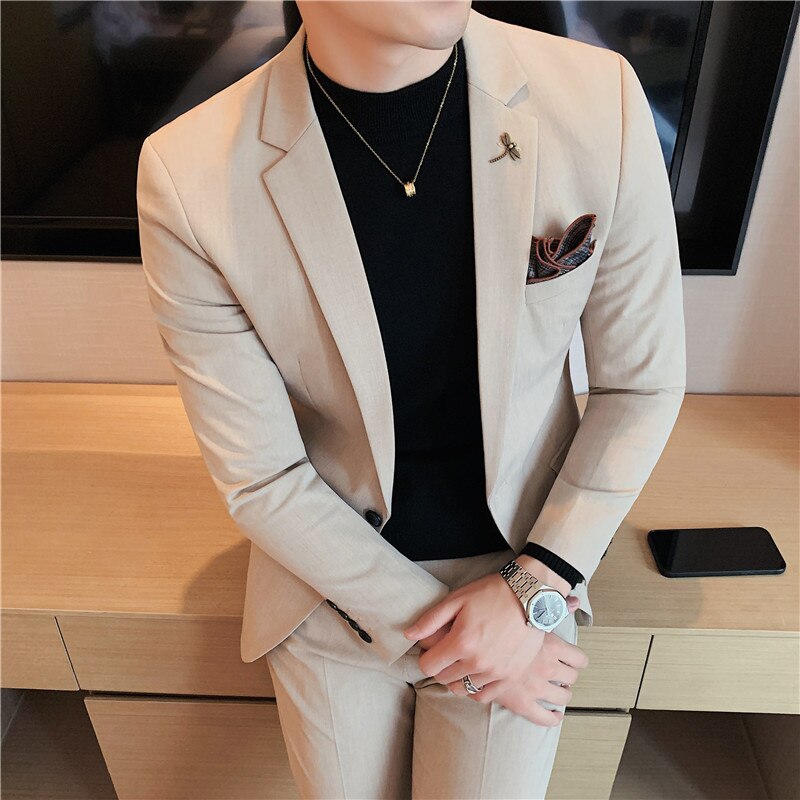 New fashion handsome solid colour (suit + trousers) men's slim fit large size trendy business casual British dress two-piec