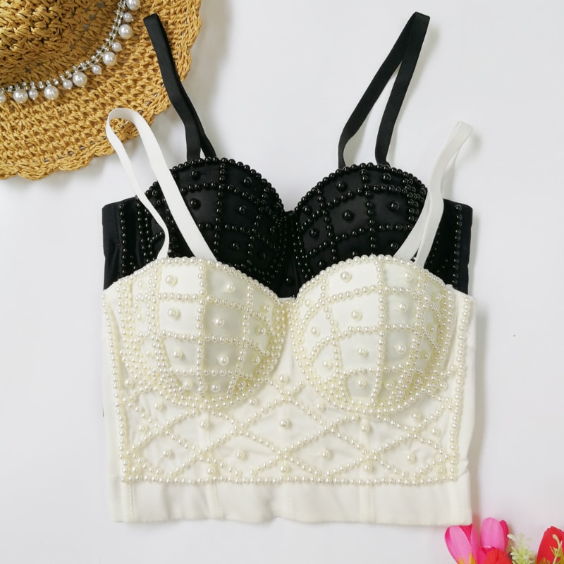 Fashion Pearl Party Tank Top Sexy Corset Woman Clothes Blusas Club White Crop Tops Women Push Up Bustier Camisole Ladies Bra
