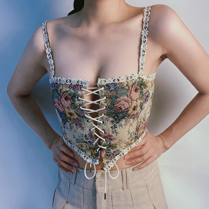 Vintage Corset Tops To Wear Out Sexy Floral Corsets Bustier Crop Top Tank Lace Up Women Flower Camisole External wear