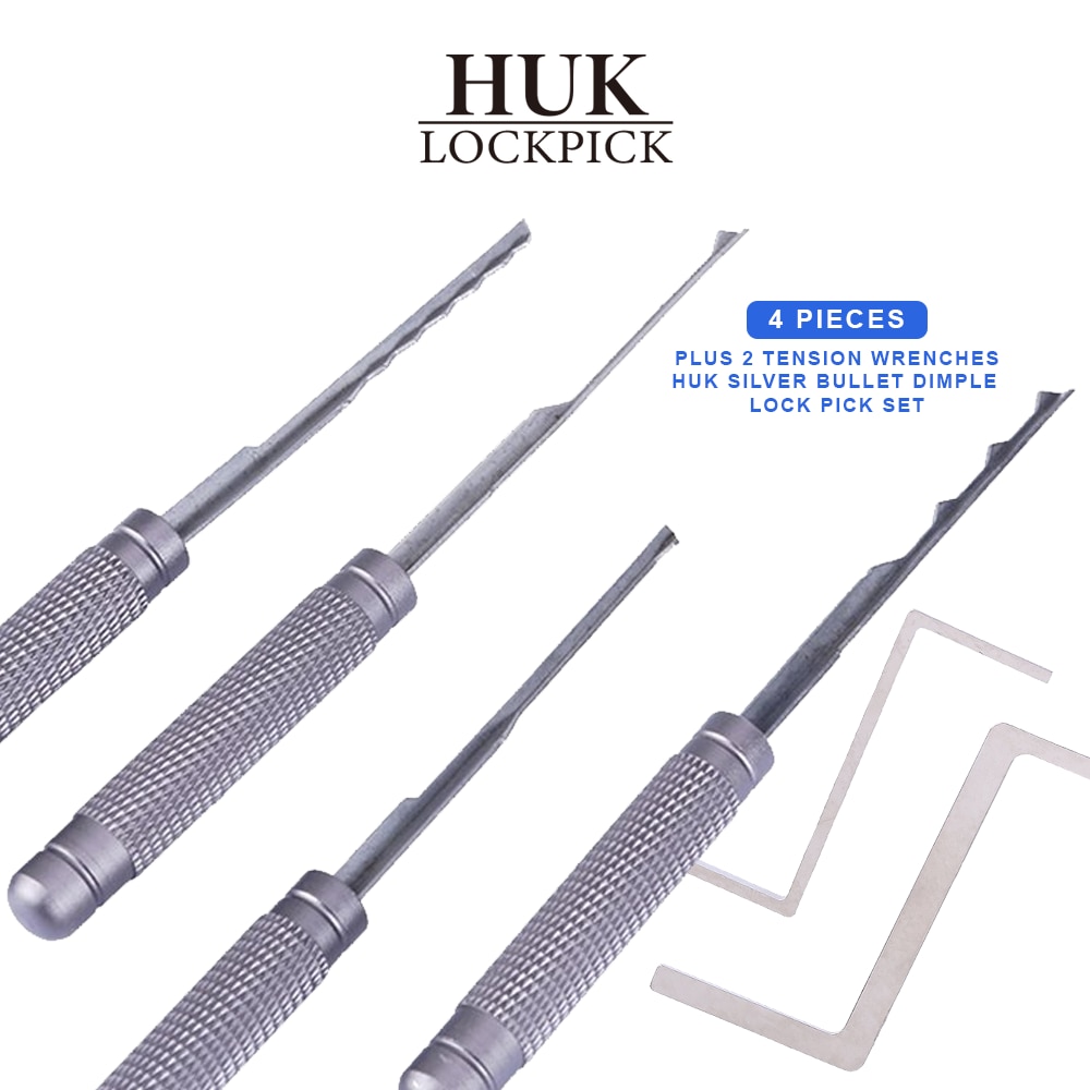 HUK 4 Pieces Dimple Lock Pick Silver Round Handle Set And Great Tool Turning Rakes Kabba Tension Wrenches For Newbie Locksmith