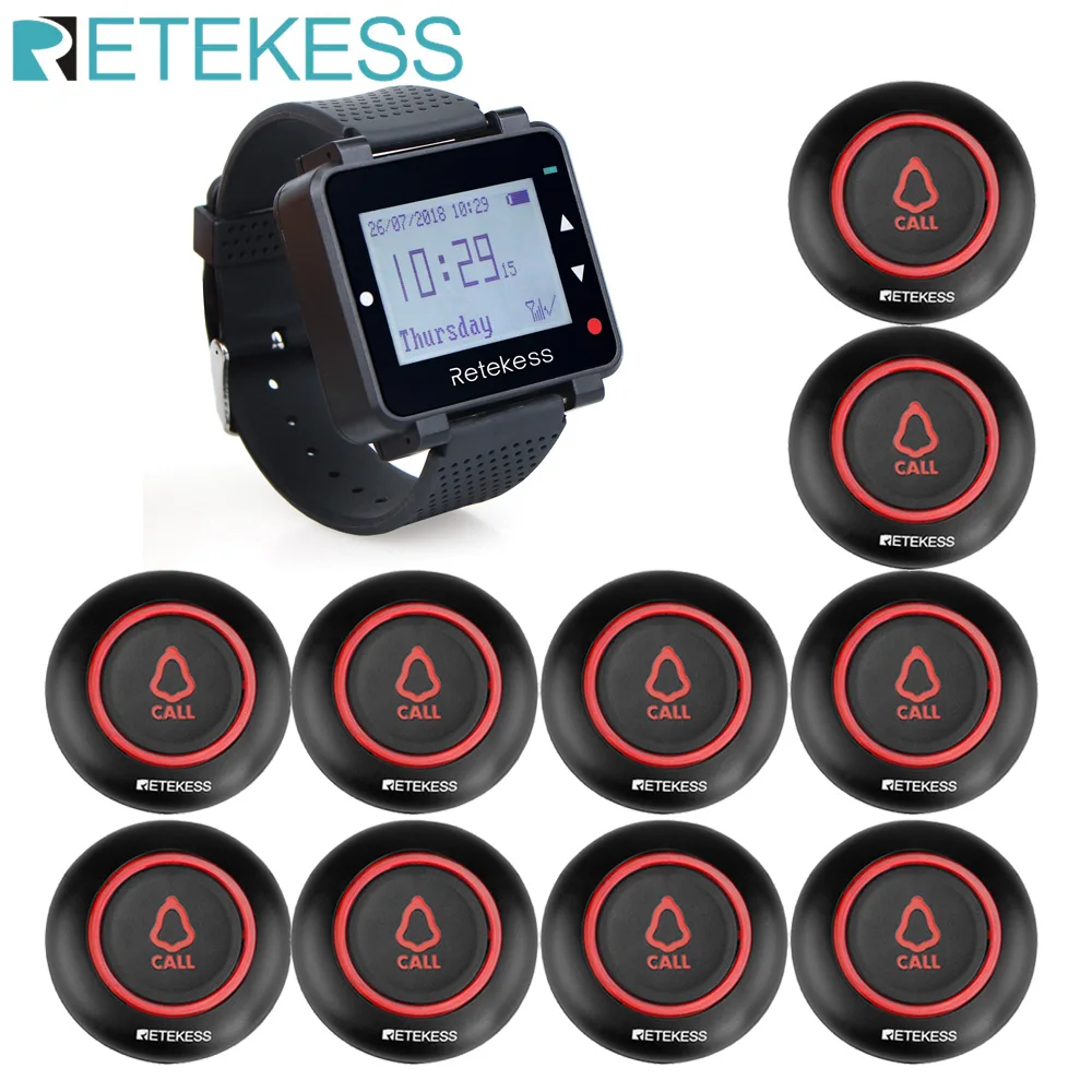 RETEKESS Restaurant Pager Wireless Waiter Calling System T128 Watch Receiver+10 TD019 Call Button For Cafe Hookah Nurse Service