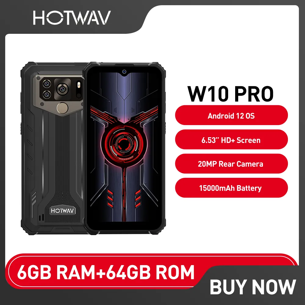 HOTWAV W10 Pro Mobile Phone 15000mAh 6GB+64GB Android 12 IP68 Waterproof Rugged Phone Helio P22 6.53 Inch 20MP Rear Camera