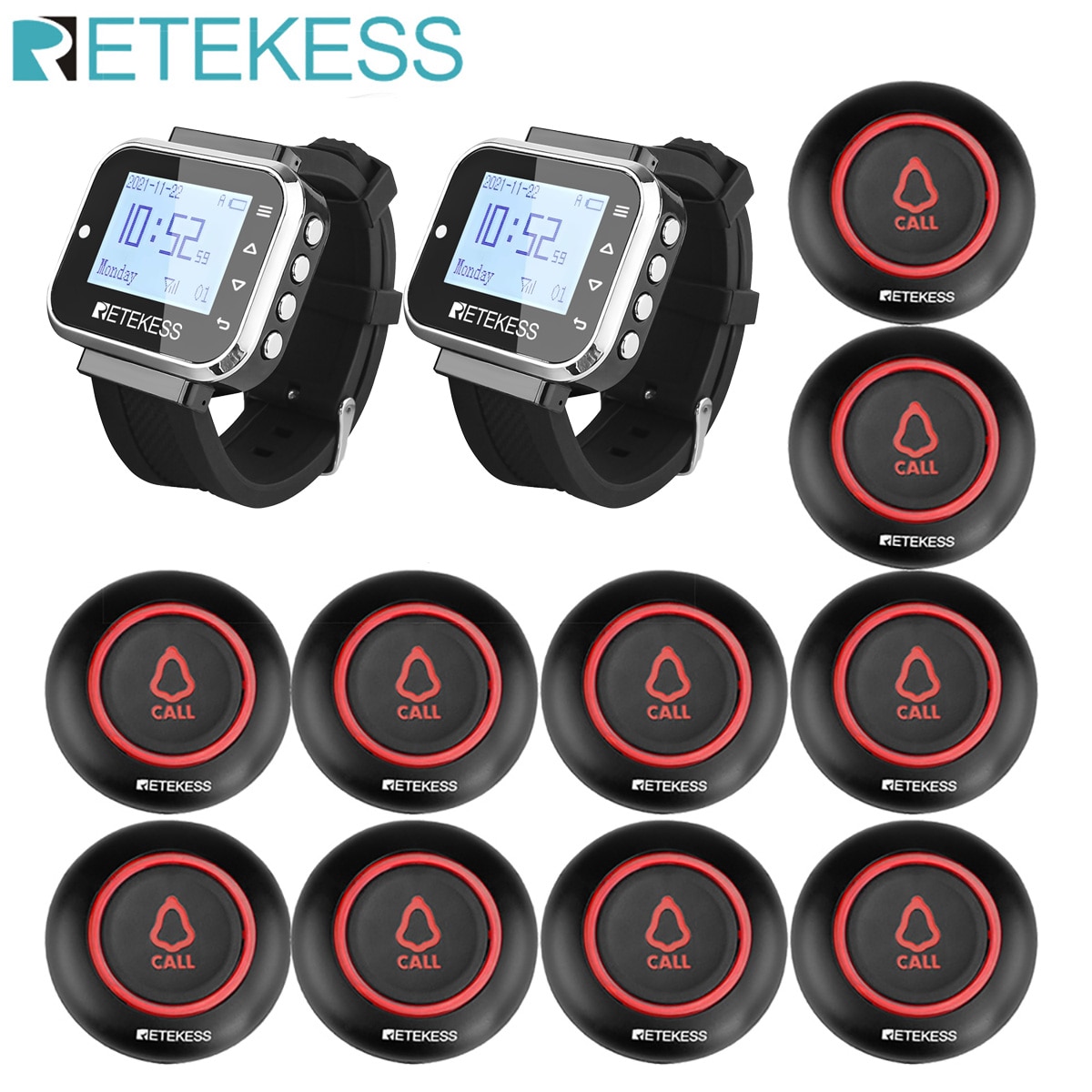 Retekess Restaurant Pager Wireless Calling System 7 Languages 2 TD110 Watch Receiver + 10 TD019 Button For Hookah Bar Coffee