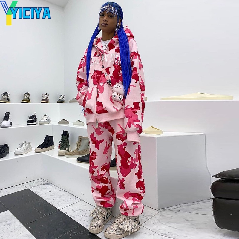 YICIYA Print Hoodie Top Jackets Two Piece Pant Sets 2023 Women Winter Fall Clothes Outfit Y2K Streetwear Suits Joggers Tracksuit