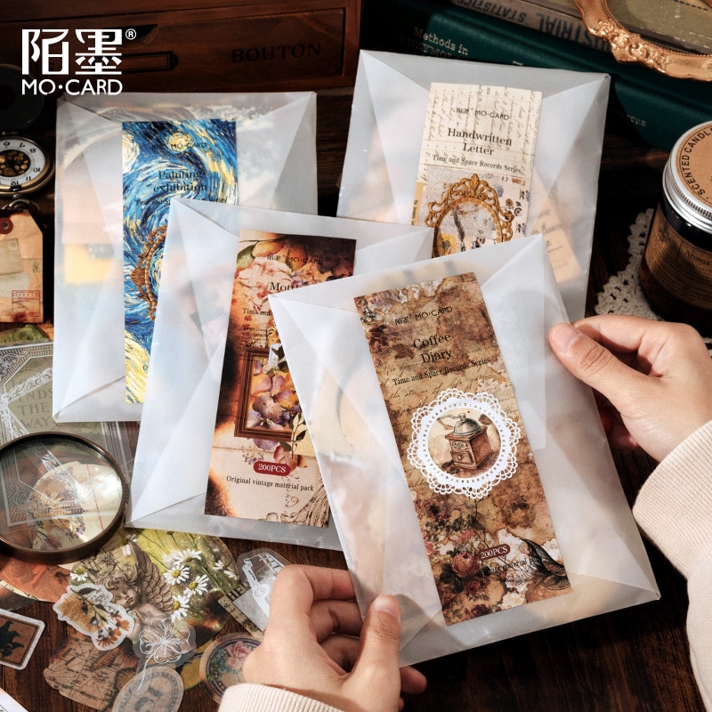Journamm 200pcs/pack Decor Scrapbook PET Sticker Materials Paper Combo Kit DIY Junk Journal Collage Photo Album Vintage Stickers