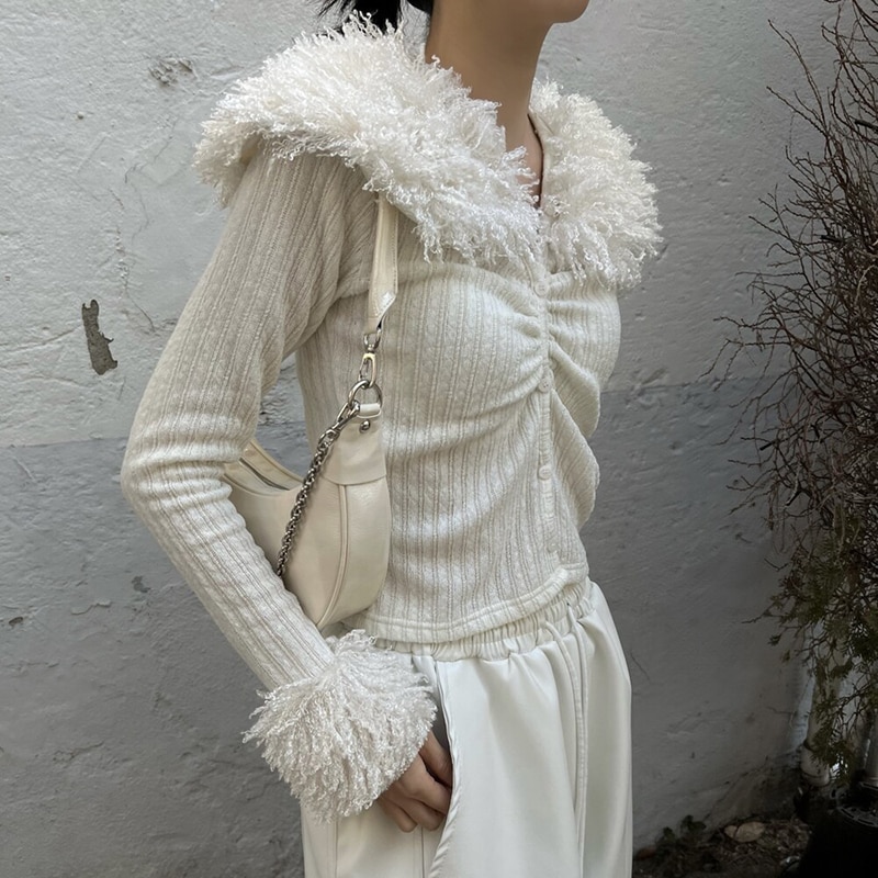 Gaono Y2k Cardigan Autumn 2000s Aesthetic Turn Down Furry Collar Zip Up Long Sleeve y2k Tops Women Sweater Fairy Streetwear