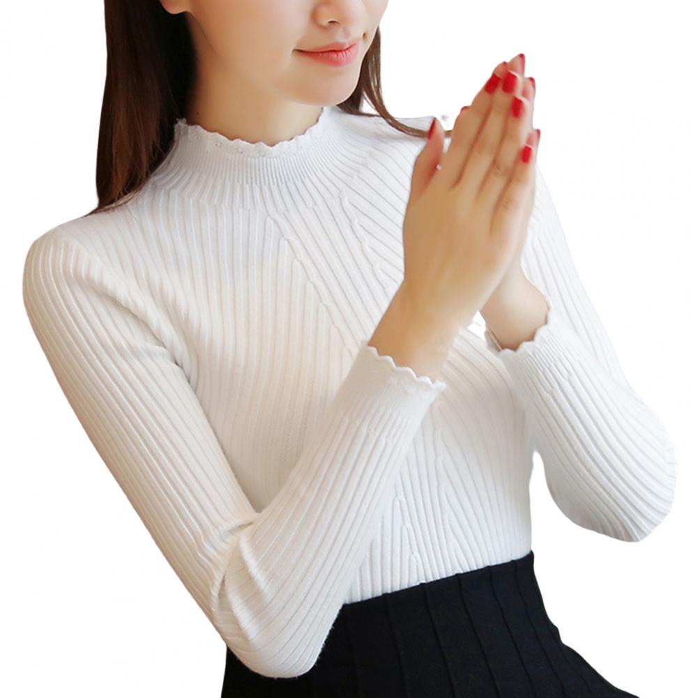 Bottoming Sweater All Match Flower Brim Half High Collar Soft Elegant Coldproof Acrylic Solid Color Long Sleeve Blouse Ladies Cl