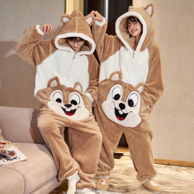 Kigurumis Couple Pajama Onesie Jumpsuits Korean Winter Thicken Squirrel Sleepwear Pyjama Cute Cartoon Lovers Pyjamas Hoodie