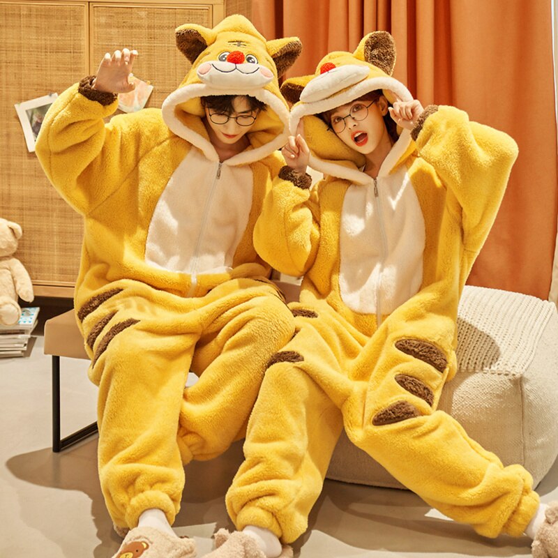 Kigurumis Tiger Winter Sleepwear Women Men Pajama Onesie Thicken Couples Pijamas Cartoon Night Wears For Women Homewear