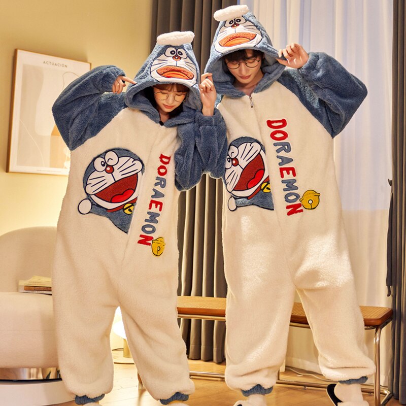 Kigurumis Lovely Doraemon Winter Sleepwear Women Pajama Onesie Thicken Couples Cute Cartoon Jumpsuits Christmas Pajamas Homewear