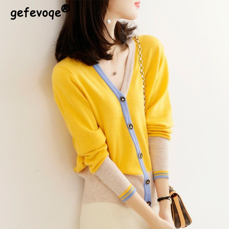 Sweet Chic Contrast Color Soft Buttons Knitted Cardigans Women Spring Autumn Korean Style Slim Long Sleeve Sweater Coats Jumpers