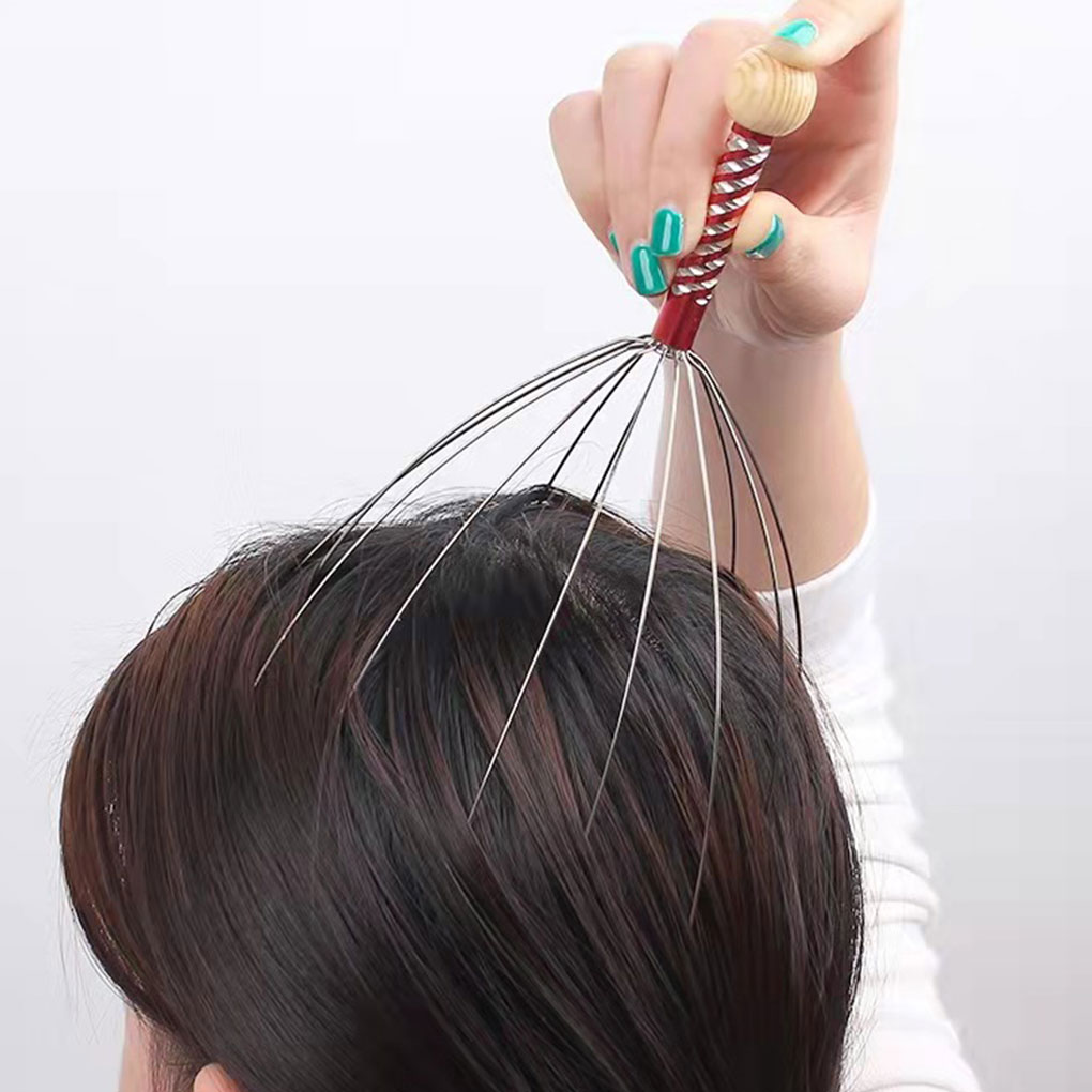 2 Pieces Scalp Massager Spider Stainless Steel Wire Pain Relief Claws Wood Beads Muscle Body Relax Claw for Relaxation