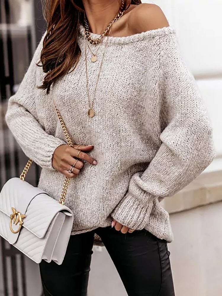 Fitshinling Bohemian Vintage Jumper Knitwear Tops Solid Slim Casual Solid Sweaters Pullovers Women Clothing One Shoulder Pull
